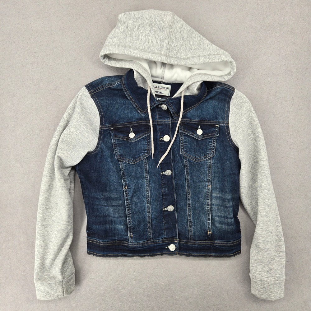 WallFlower Girls XL Denim Jacket Gray Hooded Sweatshirt Sleeves Dreamer Fit